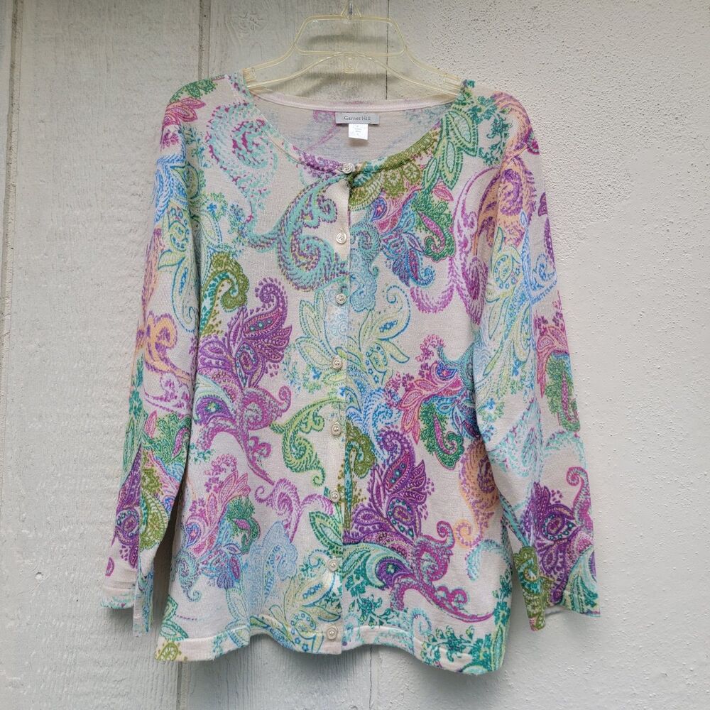 Garnet Hill Paisley Print Merino Wool Multi Colord Cardigan Sweater Sz L Spring